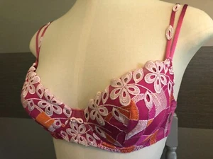 SALE LEJABY Sexy Soft Hot Pink Orange Ivory Floral Boost Pushup Bra 34A RRP £46 - Picture 1 of 10