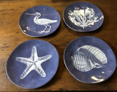 TOMMY BAHAMA TROPICAL COSTAL AZUL MELAMINA 4 PLATOS ENSALADA PÁJARO CONCHA ESTRELLAS DE MAR Foto 1 de 4