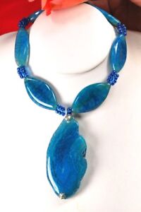 Women Gift  Blue Agate Nugget Beads & Large Pendant Necklace 18"  FREE SHIPPING