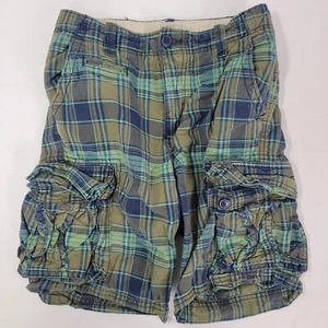 Gap Kids Boy's Blue Green Plaid Cargo Shorts Size 10 Button Down Pockets 9" Ins - Picture 1 of 6