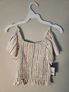 Art Class Striped Colorful Flare Sleeve Lettuce Hem Smocked Top Girls L 10/12 - Picture 1 of 3