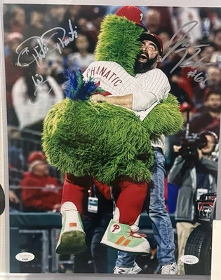 Jason Kelce & Phillie Phanatic NLCS Dual Autographed Signed 11x14 Photo JSA COA - Image 1 of 4