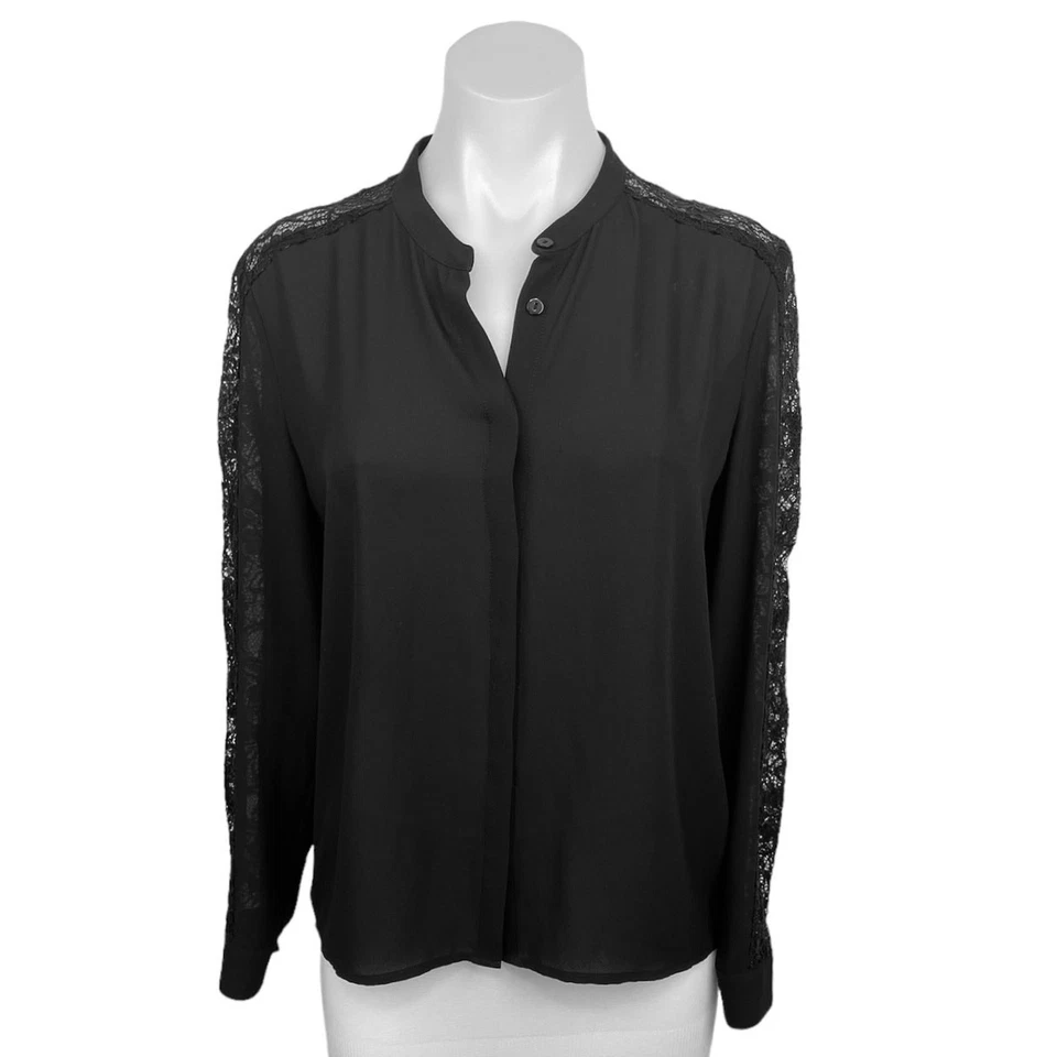 Blusa Camisa The Kooples Negra Borde de Encaje Abotonada Manga Larga Carrera Oficina 1 Foto 1 de 4