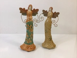 Keramik Engel mit Metallflügeln 9,5" groß schlanke Figuren 2er Set - Bild 1 von 13