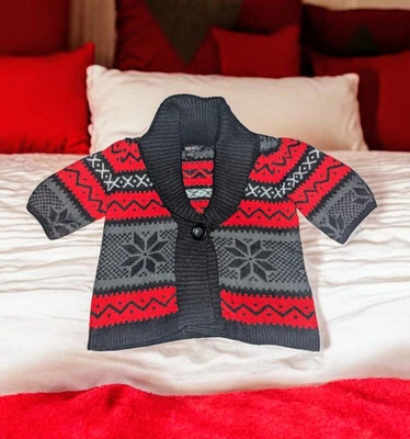 STYLE & CO Red Black Gray GEOMETRIC Cardigan Sweater CROPPED Women's Size Small - Image 1 of 4