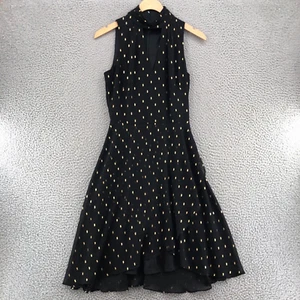 White House Black Market Dress Womens 0 Black Gold Dots Cutout Knee Mock Neck - Picture 1 of 11