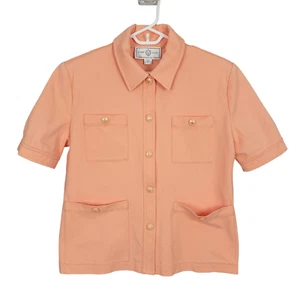 ST. JOHN by Marie Gray Top Size M Peach Orange Short Sleeve Snap Button Collar - Picture 1 of 11