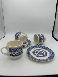 Vintage Blue Willow Tea Cup & Saucer Cobalt Design 3 Cup Coffee & Saucer Set - Picture 1 of 9