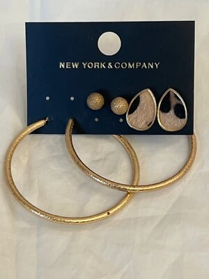 NY&Co Juego de 3 pares de pendientes en tono dorado ~ aros ~ gotas de piel ~ tachuelas de esfera Foto 1 de 2