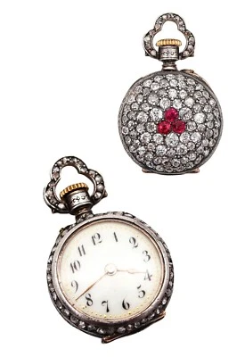 Le Coultre 1890 Miniature Pendant Watch in Silver With 5.29 Ctw Diamonds & Rubie - Image 1 of 4