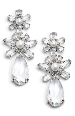 KATE SPADE "FLORA" TRIPLE DROP SILVER EARRINGS CRYSTALS & PEARLS chandelier NWT - Image 1 of 4