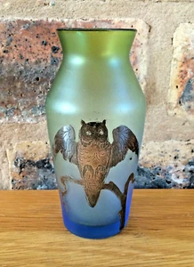 Antique Art Nouveau Miniature Opaque Silver Overlay Owl Vase Loetz Carl Goldberg - Picture 1 of 12