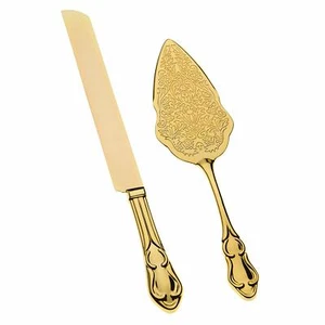 Gold Hochzeitstorte Messer & Servier Set, Vintage Kuchen Schneideutensilien (Gold) - Bild 1 von 5