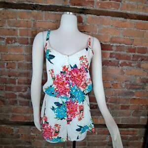 Lucca Couture Romper White Pink Green Floral Button Front Keyhole Back Size S
