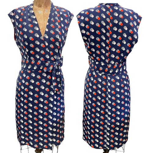 Abito blu seta Kate Spade New York con pois rossi e bianchi con fiocco taglia 2