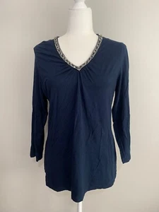 Chicos Damen Marine Langarmshirt mit Schmucksteinen Ausschnitt Größe Large - Bild 1 von 3