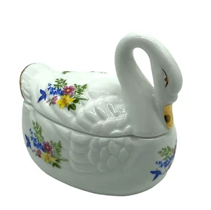 Vintage Lefton Porcelain Swan Trinket Dish Ring Holder Box Flowers - Imagen 1 de 8