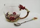Arc Glass Mug Cup With Metal Red Roses & Butterfly And Spoon