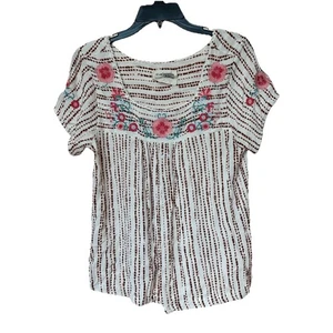Savanna Jane Top Women's Med Cream Embroidered Floral Square Neck Short Sleeve - Picture 1 of 5