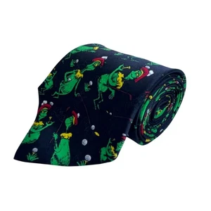 Dr. Seuss Mens Black Silk Grinch Golf Novelty Tie 1994 Holiday Print - Picture 1 of 7