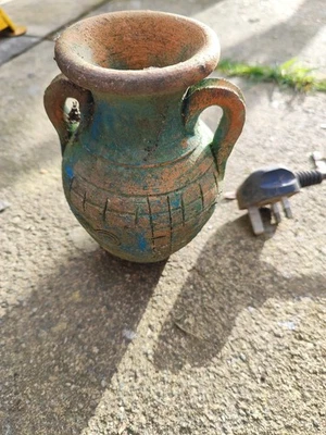 EINZIGARTIGE verzierte BLAUE TERRAKOTTA Doppelhenkel VASE, Vintage Pote - Bild 1 von 4