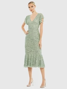 Mac Duggal Kleid Damen 12 salbeigrün Pailletten Flatterärmel Midi V-Ausschnitt 10801 - Bild 1 von 21