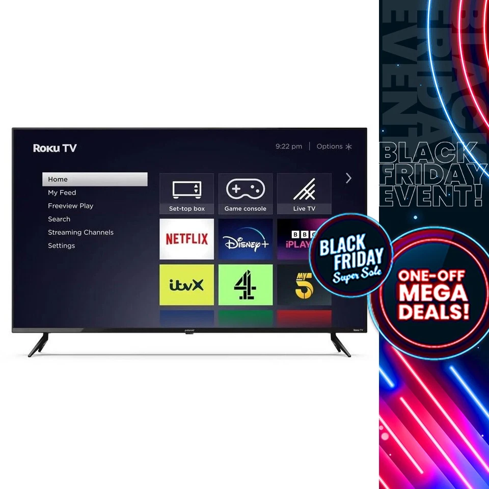 Polaroid P55UR1953U 55" SMART 4K Roku TV Ultra HD HDR LED TV Freeview Play Black - Image 1 of 3
