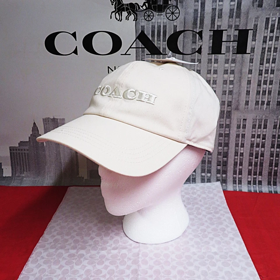 Coach Baseball Cap Strap Back One Size Beige Chalk Canvas Embroidered Logo