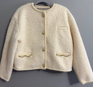 NWT Future Collective Cream Boucle Jacket Gold Buttons Chain Trim Jacket S - Picture 1 of 7