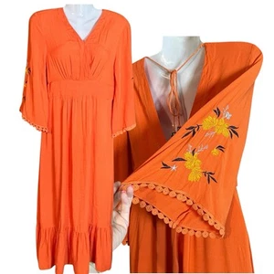 Orange Ruffle Hem Embroidered Sleeve Maxi Dress large V-back Tassel Long Sleeve - Picture 1 of 18