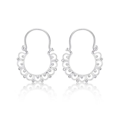 925 Sterling Silver Small Tribal Hoop Earrings for Women - Image 1 of 4