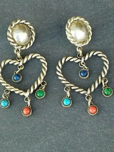 Grande Paire de Boucles d'Oreilles Bijoux en Métal Argenté et Perles Ancienne - Picture 1 of 5