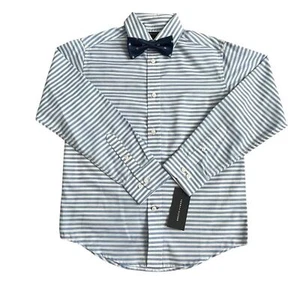 Tommy Hilfiger Boys Dress Shirt with Bow Tie Blue Stripes Size 10 - Picture 1 of 10