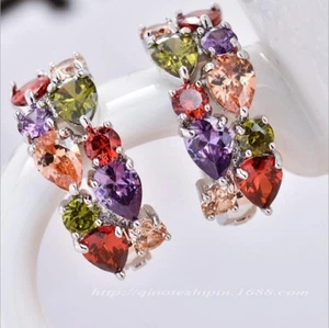 Mona Lisa Natural Amethyst Peridot Morganite Gemstone Silver Stud Hook Earrings - Picture 1 of 5