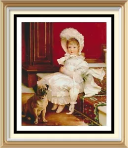 Morris Print QUITE READY Victorian Art Girl Fancy Party Dress Bonnet Pug Dog - Picture 1 of 1