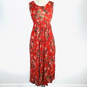 April Cornell Dress M Red 100% Cotton Maxi Floral Pockets Y2K Cottagecore Boho - Picture 1 of 12
