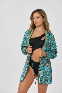 Blue Animal Print Designer Luxury Midi Cover-up w/ Beaded Embroidery - Picture 1 of 4