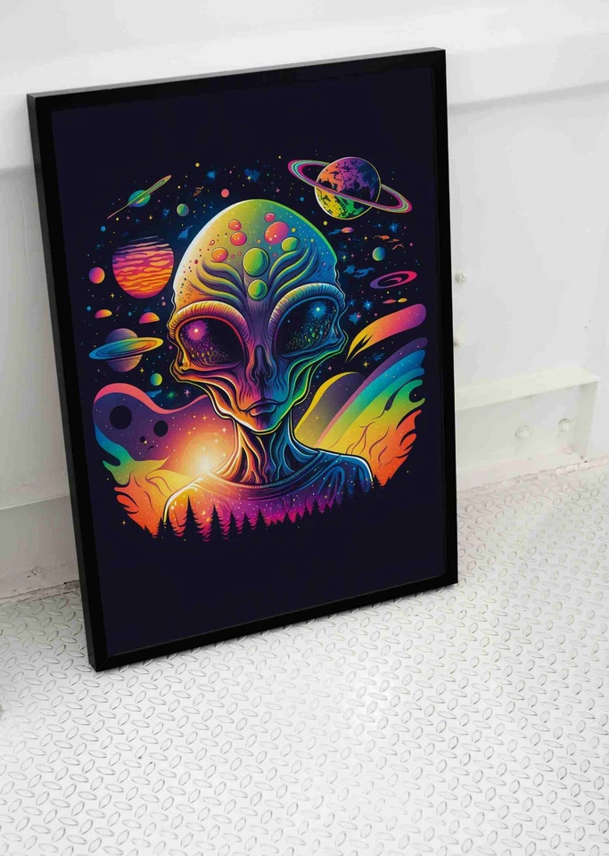 TRIPPY ALIEN UFO POSTER PRINT IMAGE PSYCHEDELIC BRIGHT ART SIZE A3 A4 SIZE - Image 1 of 1