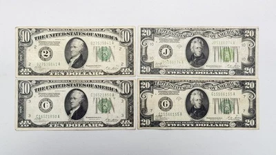 (LOT OF 4) 1928 $10 & $20 Federal Reserve Notes US Paper Money Woods/Mellon - Image 1 of 4