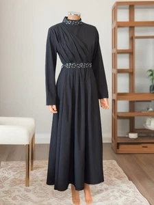 GAZAARABIA Elegant Black Modest Dress with Embellished Collar and Belt - Picture 1 of 5