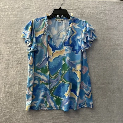 Sunny Leigh женщин блузка верхний синий геометрический большой полиэстер короткий рукав V шеи - Изображение 1 из 4