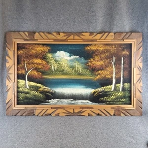VTG black velvet oil painting waterfall forest Carved Wood Frame Made In Mexico - Picture 1 of 13