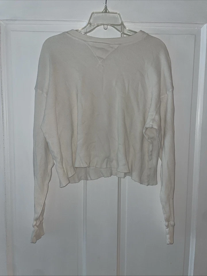 J. Galt Oversized Cropped Waffle Knit Thermal Long Sleeve Top White Cream OS - Image 1 of 4