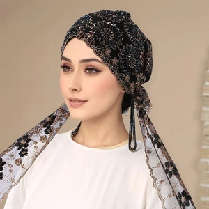 Muslim Women Lace Beaded Turban Hat Hijab Beanie Hair Loss Bonnet Head Wrap Arab - Picture 1 of 18