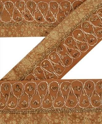 Sanskriti Vintage Sari Borde Cuentas Artesanal 1 Yarda Costura Azafrán Bordes Encaje Foto 1 de 4