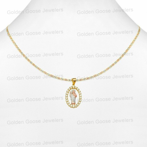 Ciondolo Charm San Giuda Unisex Zirconi Oro 14KT Tricolore Catena Valentino