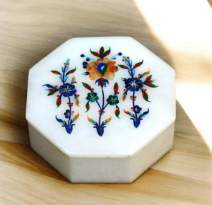 6"x6"x2" Octagonal White Marble Beautiful Art Inlay Work Jewelry Box Gift Decors - Picture 1 of 6