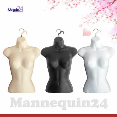 3 Mannequin Female Torsos Set ; FLESH WHITE BLACK Dress Forms with 3 HANGERS - Image 1 of 4
