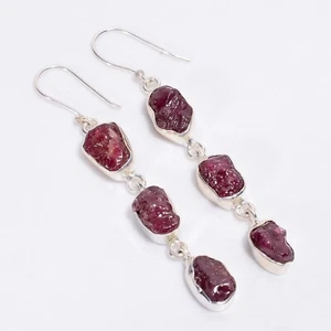 925 Sterling Silver Jewelry Pink Ruby Rough Gemstone Handmade Earrings For Women - Picture 1 of 7