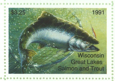 Bloque de estampillas de salmón y trucha de Wisconsin extremadamente raras error 1991 Foto 1 de 2